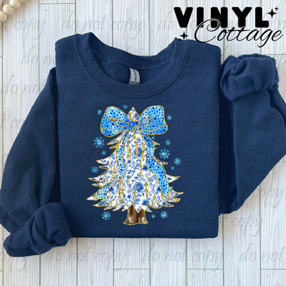 Blue Toile Christmas Tree ~ DTF Transfer