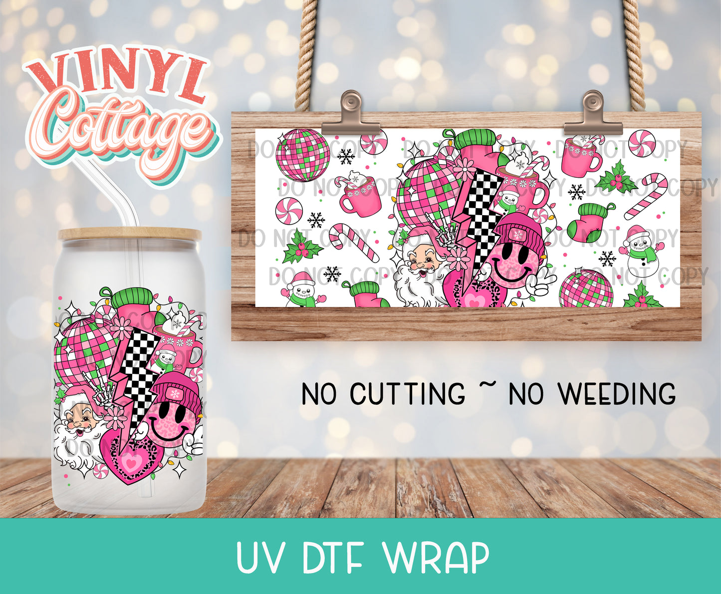 62UV ~  UV DTF Wrap ~ Pink Retro Christmas