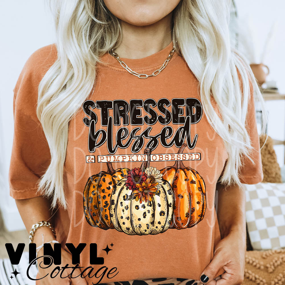 Stressed Blessed and Pumpkin Obsessed ~ DTF Transfer